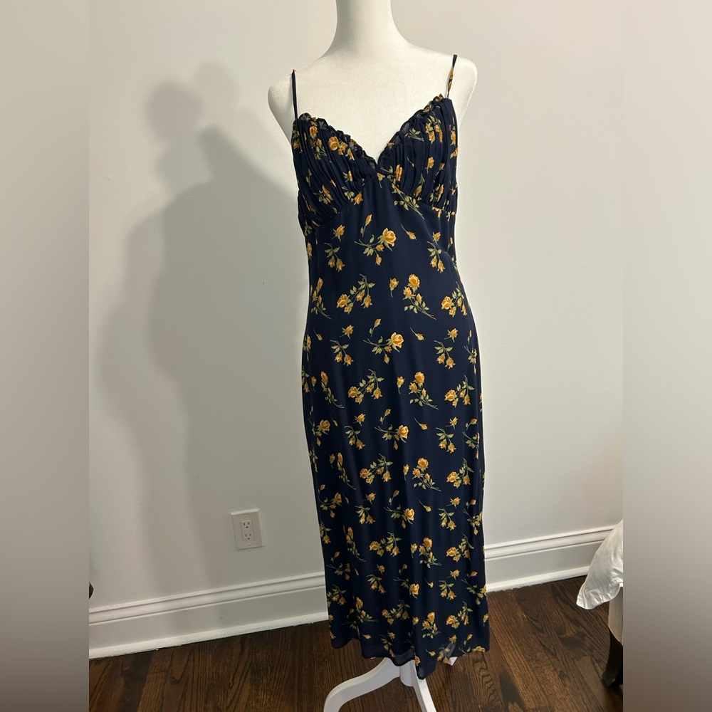 Reformation Navy Floral Slip Midi Dress with Yellow Blossoms